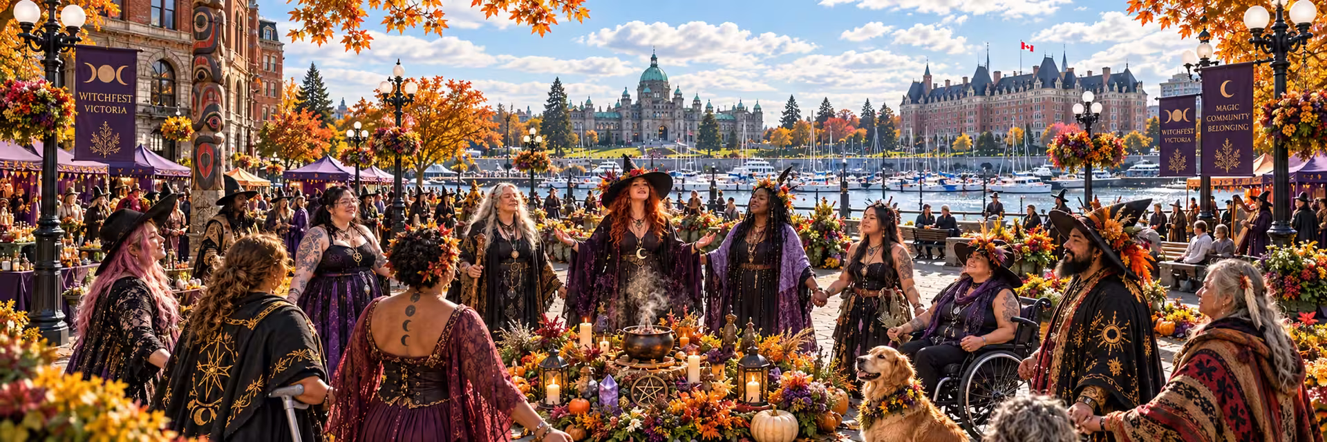 Festival crowd celebrating at WitchFest in Market Square, Victoria, BC