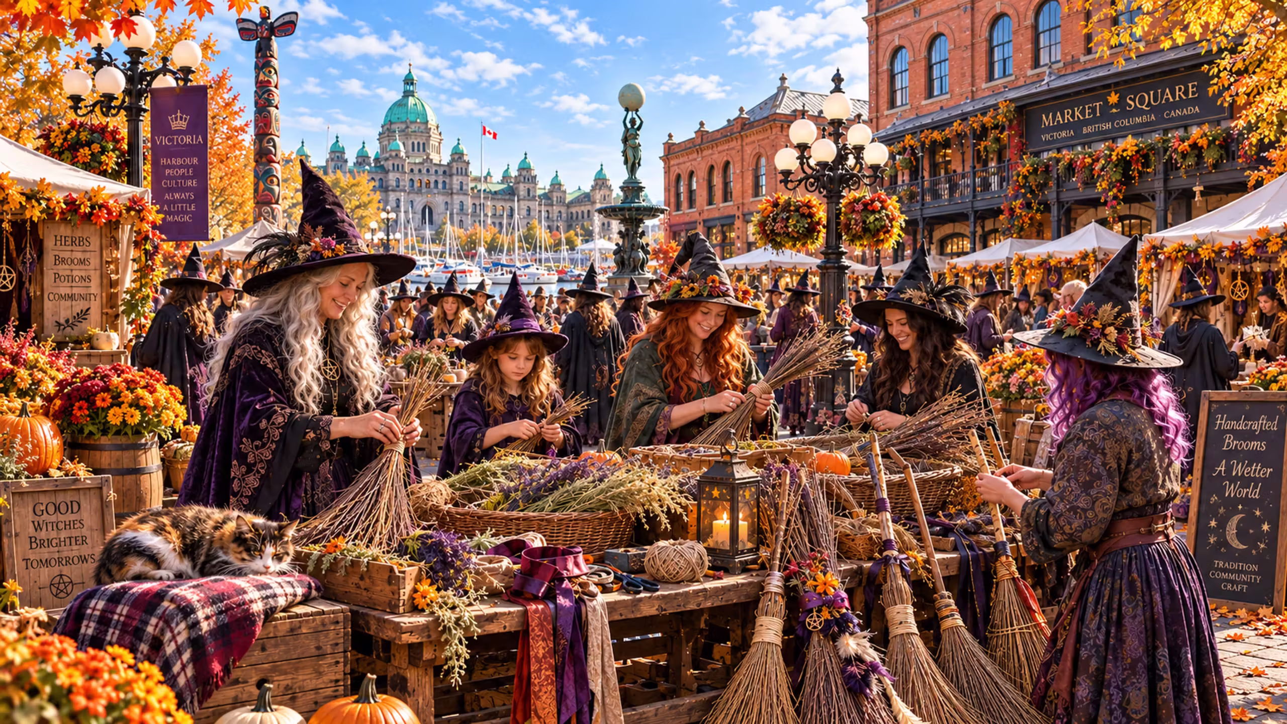 WitchFest broom-making class at Market Square, Victoria (widescreen 16:9 crop)
